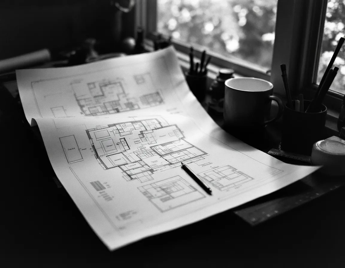 Black-and-white photograph of a drafting desk with a scale ruler, pencil and a half-finished floor plan