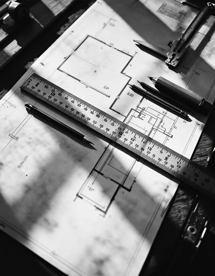 Black-and-white view of a drafting table with a scale ruler, pencil and a half-drawn floor plan
