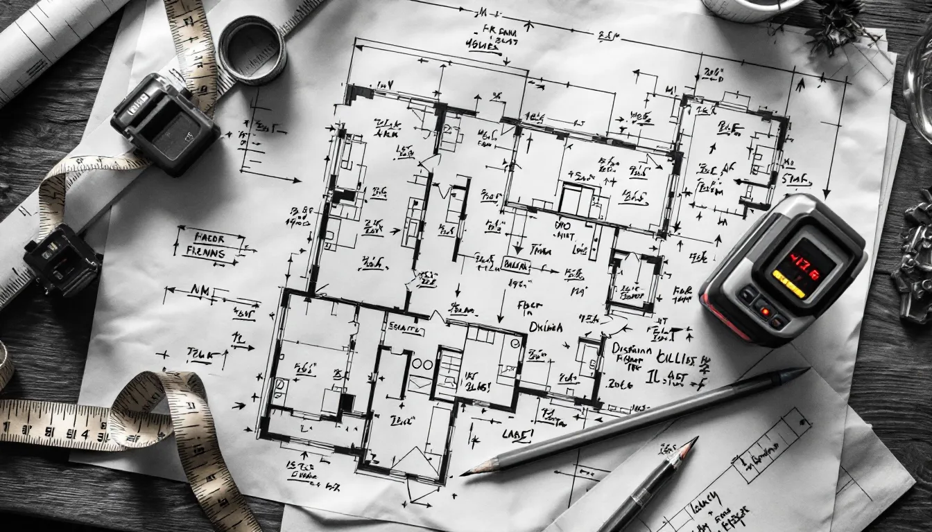 Hand-sketched floor plan with dimensions, a tape measure and a laser distance meter on a table
